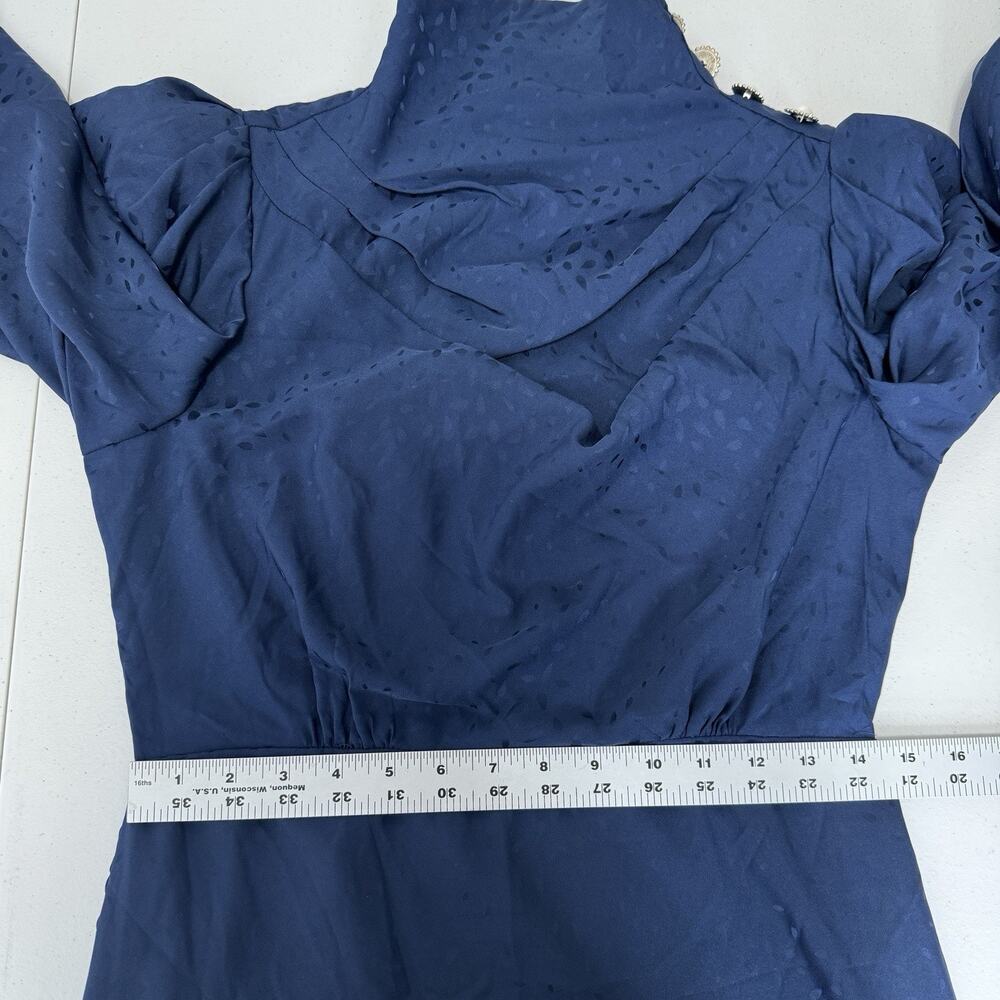 Aqua Womens Dress M Blue Pearl Button Shoulder Satin‎ Mock Neck Cocktail Retro - Picture 5 of 11